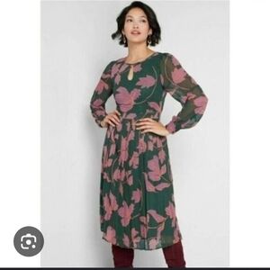 ModCloth Green Midi Dress with Pink Floral Print